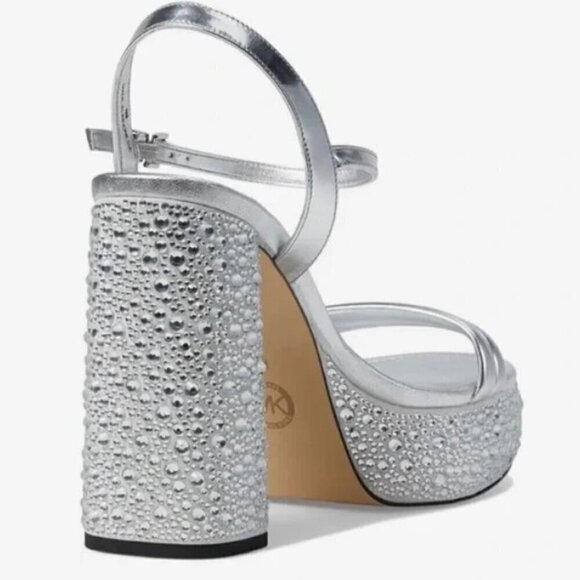 MK Michael Kors Laci Embellished Metallic Silver Leather Platform Sandal 9 - Picture 2 of 10